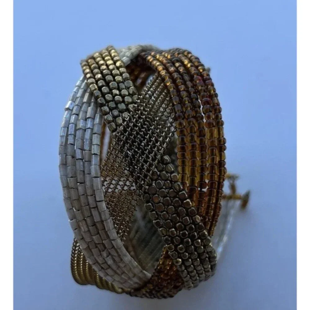 Vintage Glass Seed Bead Pieces Cuff Bracelet Brown Gold Y2K Women’s Sz 7.5”